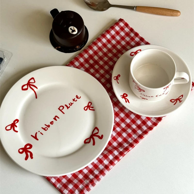 Korean Cute Bow Coffee Cup Plate Ceramic Plate Dessert Plate Kitchen Plates Sets Dinner Plates