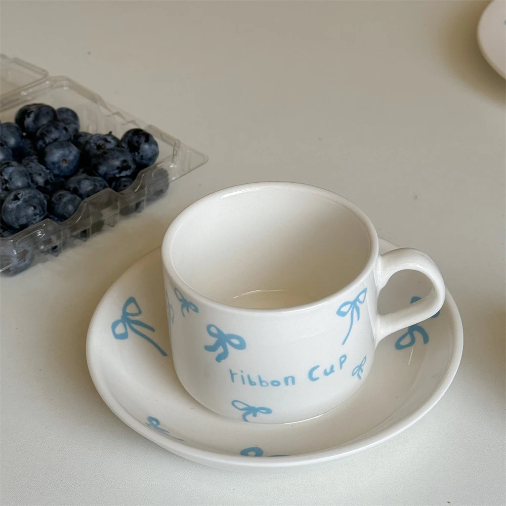 Korean Cute Bow Coffee Cup Plate Ceramic Plate Dessert Plate Kitchen Plates Sets Dinner Plates