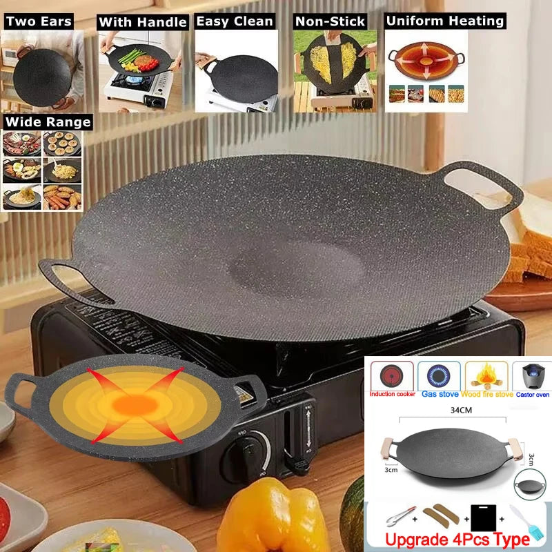 28-34cm Non-Stick Outdoor Camping Grill Pan Cast Iron Round Korean Roastig Grill Plate Steak Cooking Frying Pan Gas BBQ Griddle