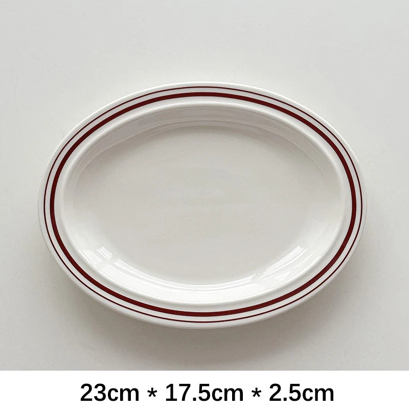 Oval Ceramic Plate Korean Style Ins Striped Porcelain Dinnerware Vegetables Fruit Salad Pasta Breakfast Plates Kitchen Supplies