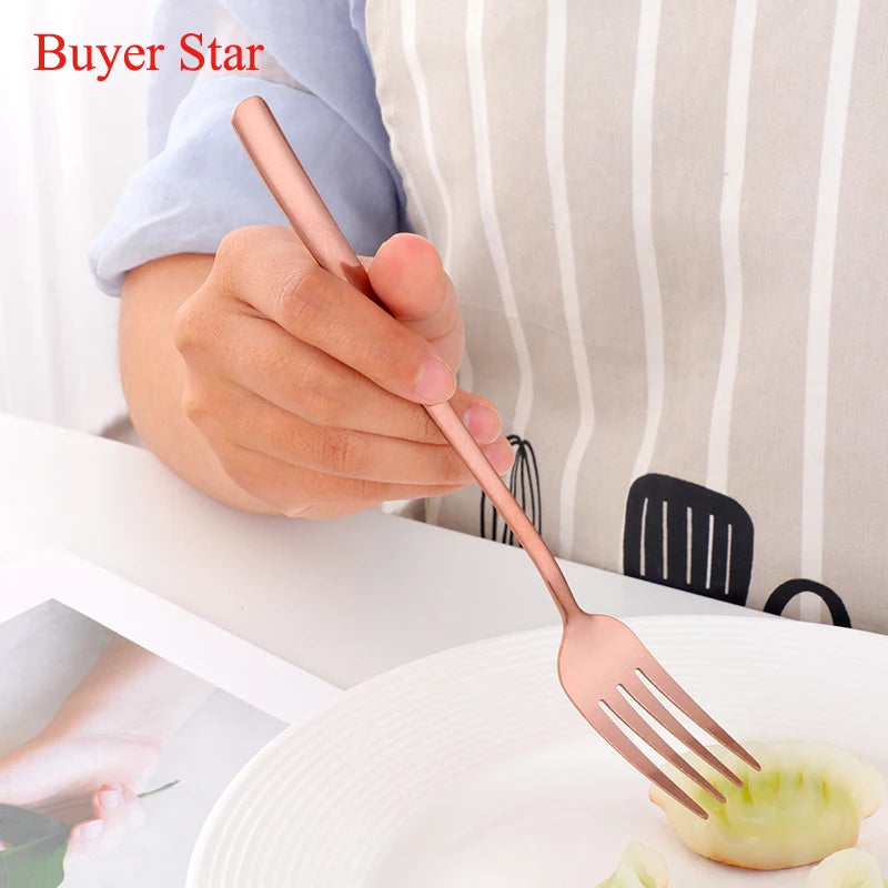 2PC Korean Food Stainless Steel Dinnerware Prong Fork Rose Gold Cooffee Spoon Set Long Handle Black Korean Ladle Kitchen Tools