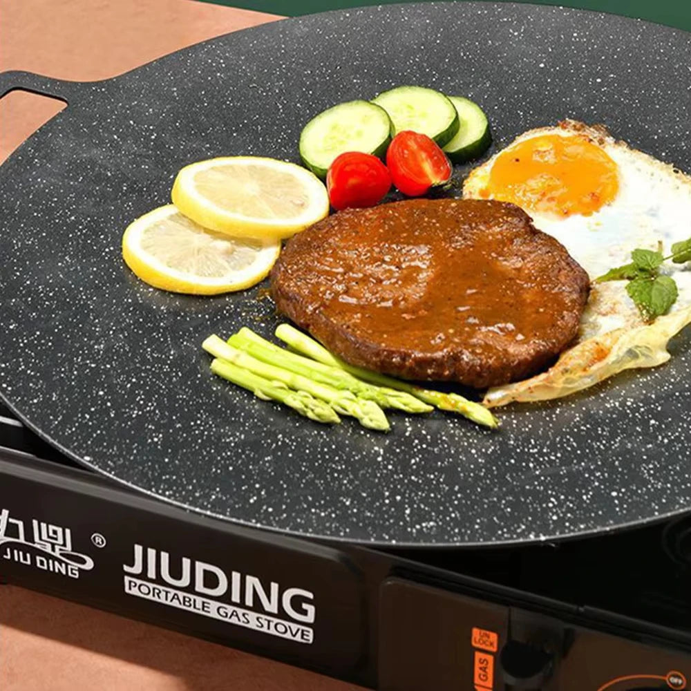 Korean BBQ Grill Pan Smokeless Round Griddle Pan Barbecue Plate Indoor Outdoor Grilling Frying Pan with Heat-resistant holder